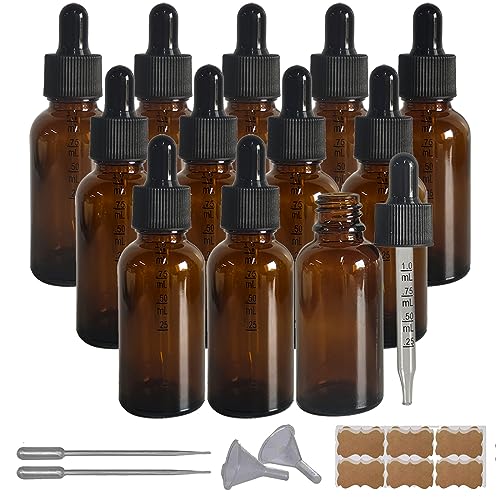 BEGIKET 12 Pack 1oz Amber Glass Dropper Bottles 1oz Tincture Bottle with Eye Droppers 30ml Dropper Bottles for Essential Oils,Leak Proof Travel Bottles-2 Funnels & 2 Long Pipettes and 12 Labels