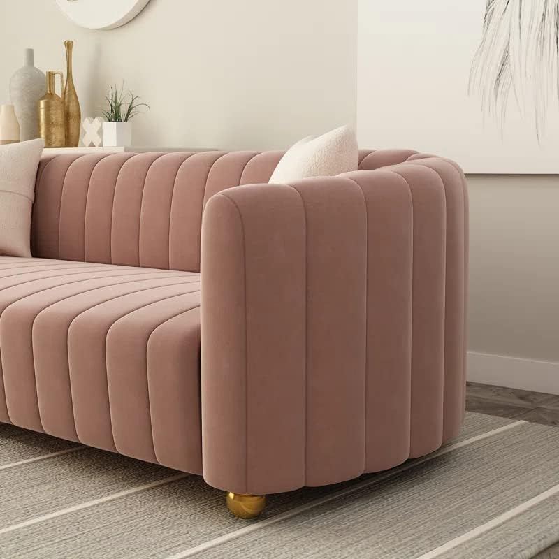 83'' Luxury Velvet Sofa Mid Century Modern 3 Seat Couch for 3 Person Fashion Comfy Couches with 2 Pillows Gold Metal Legs Solid Wood Frame Sofa Pink Couch for Living Room Office Apartment Furniture