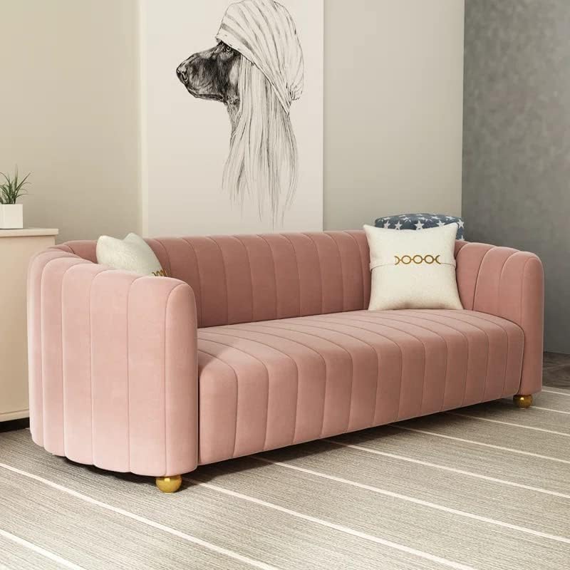 83'' Luxury Velvet Sofa Mid Century Modern 3 Seat Couch for 3 Person Fashion Comfy Couches with 2 Pillows Gold Metal Legs Solid Wood Frame Sofa Pink Couch for Living Room Office Apartment Furniture