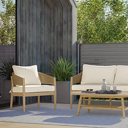 SIMPLIHOME Bayshore 28 Inch Wide Contemporary Outdoor Conversation Chair (Set of 2) in Natural Polyester Fabric, Fully Assembled, For the Living Room and Family Room