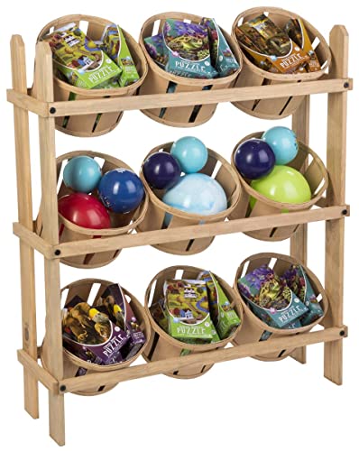 Displays2go Tiered Wooden Display, Floor Standing, 9 Baskets – Oak (PN9BKTOAK)