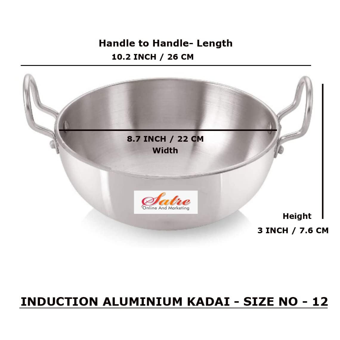 Satre Online and Marketing Induction Base Aluminium Kadai No.12 with Steel Handle, Medium Size Frying Pan, 4 MM thickness-Silver