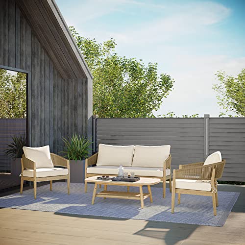 SIMPLIHOME Bayshore 28 Inch Wide Contemporary Outdoor Conversation Chair (Set of 2) in Natural Polyester Fabric, Fully Assembled, For the Living Room and Family Room