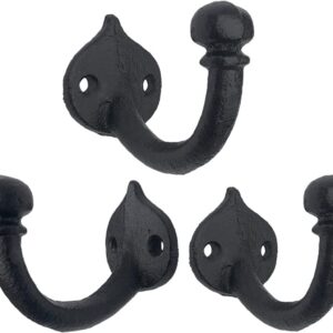 DPOWERFUL Rustic Cast Iron Coat Hooks with ball tip clothes hooks wall hooks antique cast iron single hooks for screwing hangers black for bathroom wardrobe living room (3 Pack)