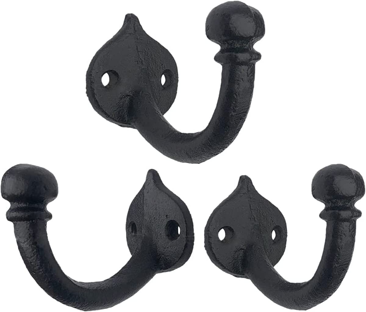 DPOWERFUL Rustic Cast Iron Coat Hooks with ball tip clothes hooks wall hooks antique cast iron single hooks for screwing hangers black for bathroom wardrobe living room (3 Pack)