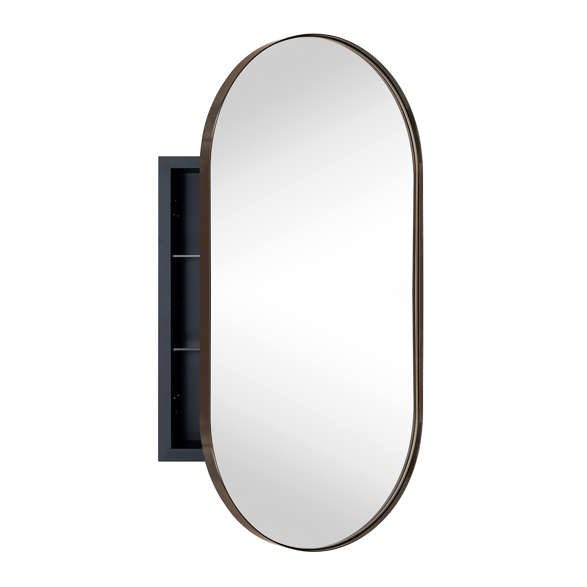 EGHOME Oil Rubbed Bronze Oval Recessed Bathroom Medicine Cabinet with Mirror Stainless Steel Metal Framed Oblong Pill Shaped Bathroom Cabinet with Mirror 16x33''