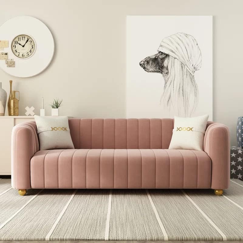 83'' Luxury Velvet Sofa Mid Century Modern 3 Seat Couch for 3 Person Fashion Comfy Couches with 2 Pillows Gold Metal Legs Solid Wood Frame Sofa Pink Couch for Living Room Office Apartment Furniture