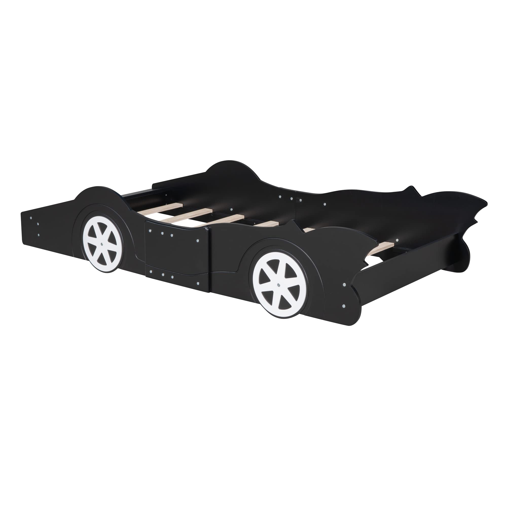 MERITLINE Race Car Bed Twin Wooden Platform Bed Car Shaped Bed with Wheels & Support Slats, Twin Kid Beds for Kids Girls Boys Teens, No Spring Need,Black