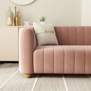 83'' Luxury Velvet Sofa Mid Century Modern 3 Seat Couch for 3 Person Fashion Comfy Couches with 2 Pillows Gold Metal Legs Solid Wood Frame Sofa Pink Couch for Living Room Office Apartment Furniture