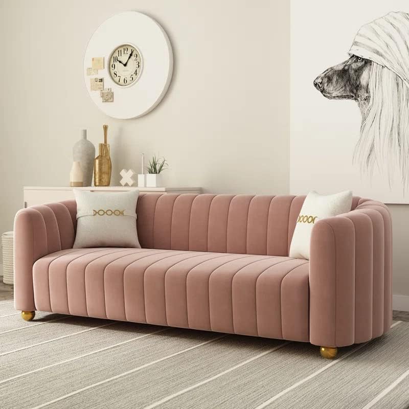 83'' Luxury Velvet Sofa Mid Century Modern 3 Seat Couch for 3 Person Fashion Comfy Couches with 2 Pillows Gold Metal Legs Solid Wood Frame Sofa Pink Couch for Living Room Office Apartment Furniture