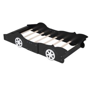 Harper & Bright Designs Twin Size Race Car-Shaped Platform Bed with Wheels, Wooden Platform Bed Frame with Support Slats, Twin Floor Bed for Kids Boys Girls Teens, Black