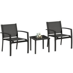 Greesum 3 Pieces Patio Furniture Outdoor Bistro Set Textilene Fabric Chairs for Lawn, Garden, Balcony, Poolside with A Glass Coffee Table, Black