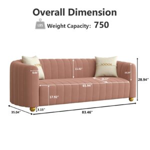 83'' Luxury Velvet Sofa Mid Century Modern 3 Seat Couch for 3 Person Fashion Comfy Couches with 2 Pillows Gold Metal Legs Solid Wood Frame Sofa Pink Couch for Living Room Office Apartment Furniture