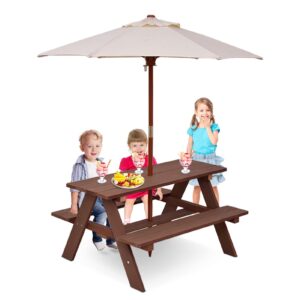 bettary kids picnic table, wooden toddler activity table with removable umbrella, children backyard furniture for patio, garden, gift for girls & boys, kids table and bench set for outdoors indoors