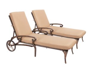 grepatio lounge chairs for outdoor, patio lounge chaise cast aluminum chairs with cushion, chaise lounge chair with adjustable backrest and moveable wheels for pool beach (bronze khaki cushion*2)