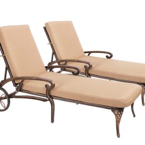 Grepatio Lounge Chairs for Outdoor, Patio Lounge Chaise Cast Aluminum Chairs with Cushion, Chaise Lounge Chair with Adjustable Backrest and Moveable Wheels for Pool Beach (Bronze Khaki Cushion*2)