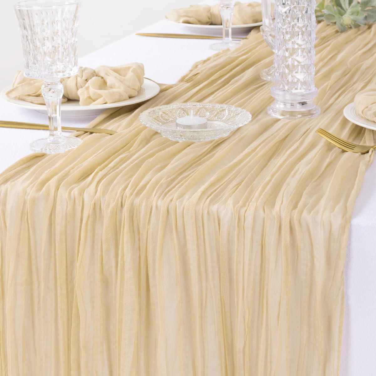 DeZerlor Christmas Table Runner Champagne Cheesecloth Table Runner Boho Gauze Table Runner 120 inches Long Winter Table Decor for Wedding Baby Shower Xmas Party Decorations