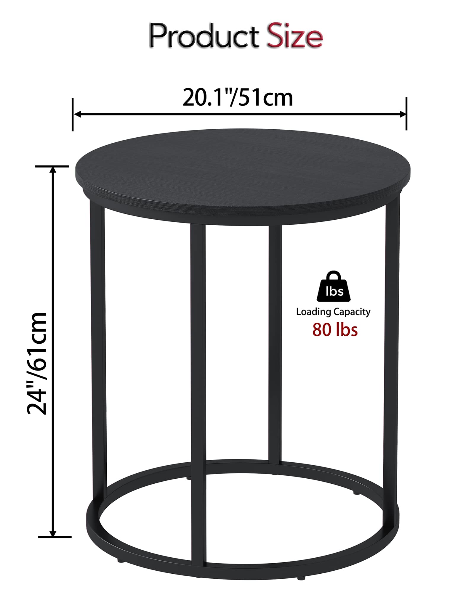 Yusong Round End Table, 20" Accent Small Side Table Nightstand Modern Bedside Table for Living Room Bedroom Office Small Spaces,Black