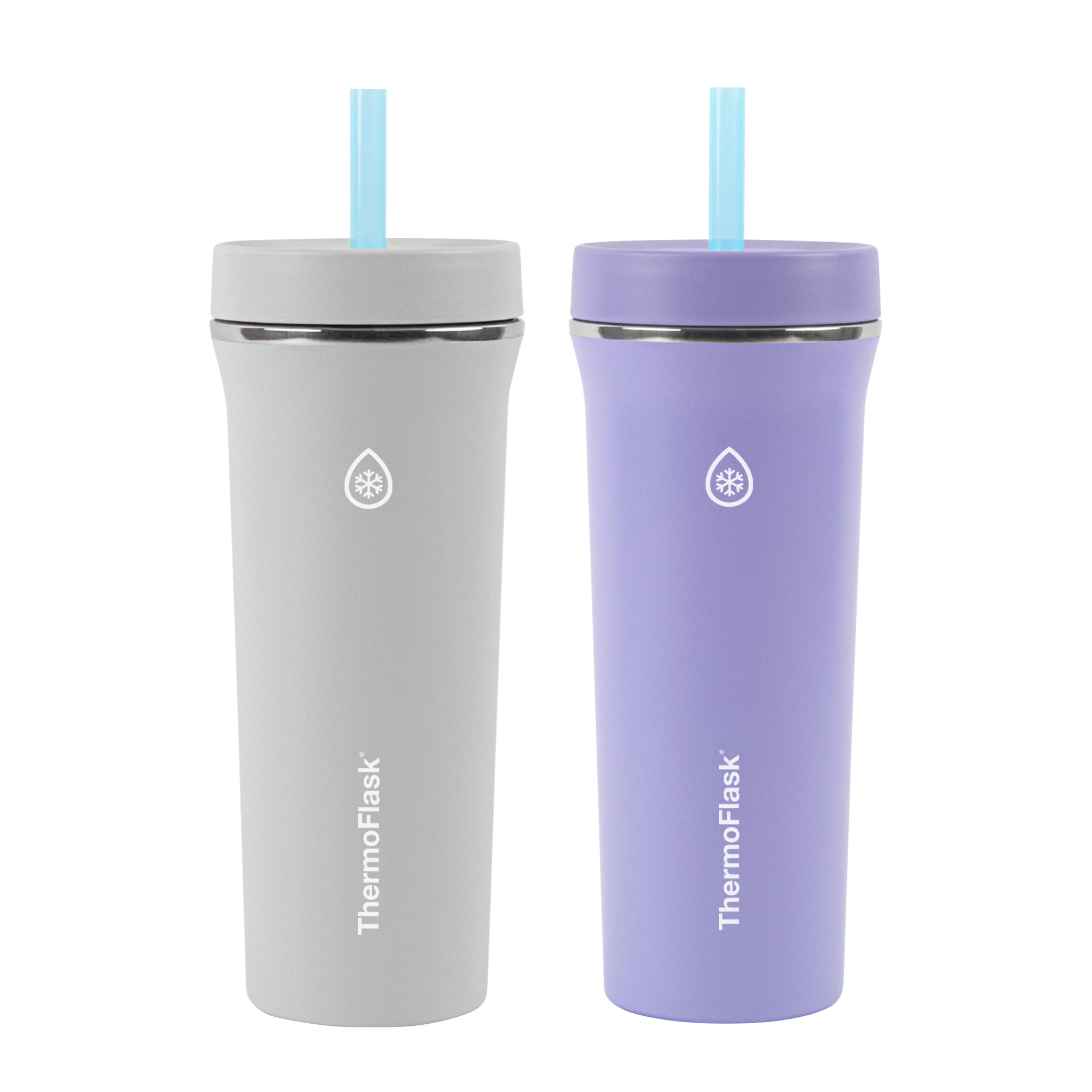 Thermoflask Tumbler - BPA-Free Water Tumblers - Durable, Reusable Tumblers with Plastic Lids & Straws - Travel Water Container with Temp-Lock Technology - 32 oz, Purple/Grey (2 Pack)