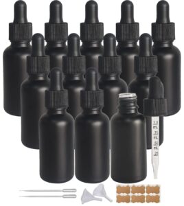 begiket 12 pack 1oz black coated glass dropper bottle,30ml frosted black glass bottles with eye droppers,for essential oils,leakproof travel bottles, oil bottles for hair