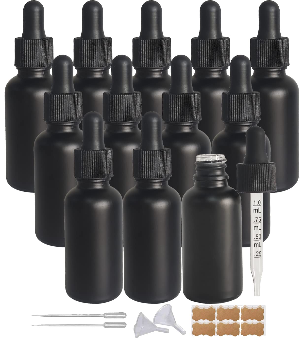 BEGIKET 12 Pack 1oz Black Coated Glass Dropper Bottle,30ml Frosted Black Glass Bottles with Eye Droppers,for Essential Oils,Leakproof Travel Bottles, Oil Bottles for Hair