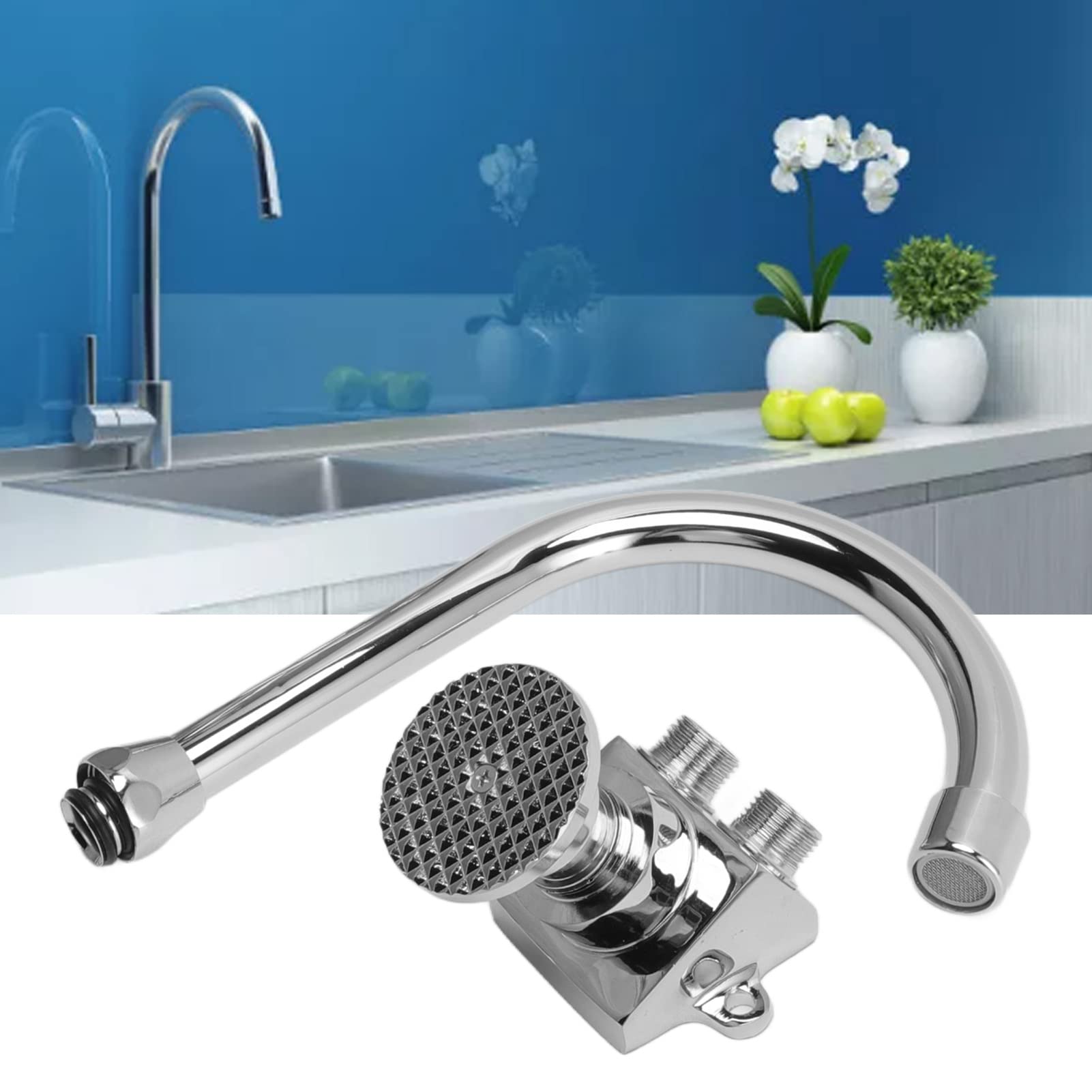 Floor Mount Pedal Valve for Faucet, Food Operated Water Valve with Dounble Water Outlet Water Saving Foot Pedal Water Tap Control Switch Valve for Public Places, Hands Free & Easy to Install