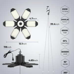 Plug in Garage Light, 200W 20000LM Linkable LED Shop Light w/Pull String(ON/Off), Garage Ceiling Light w/ 9.84ft Power Cord, 6500K LED Lights for Garage, Workshop, Warehouse, Barn, Attic