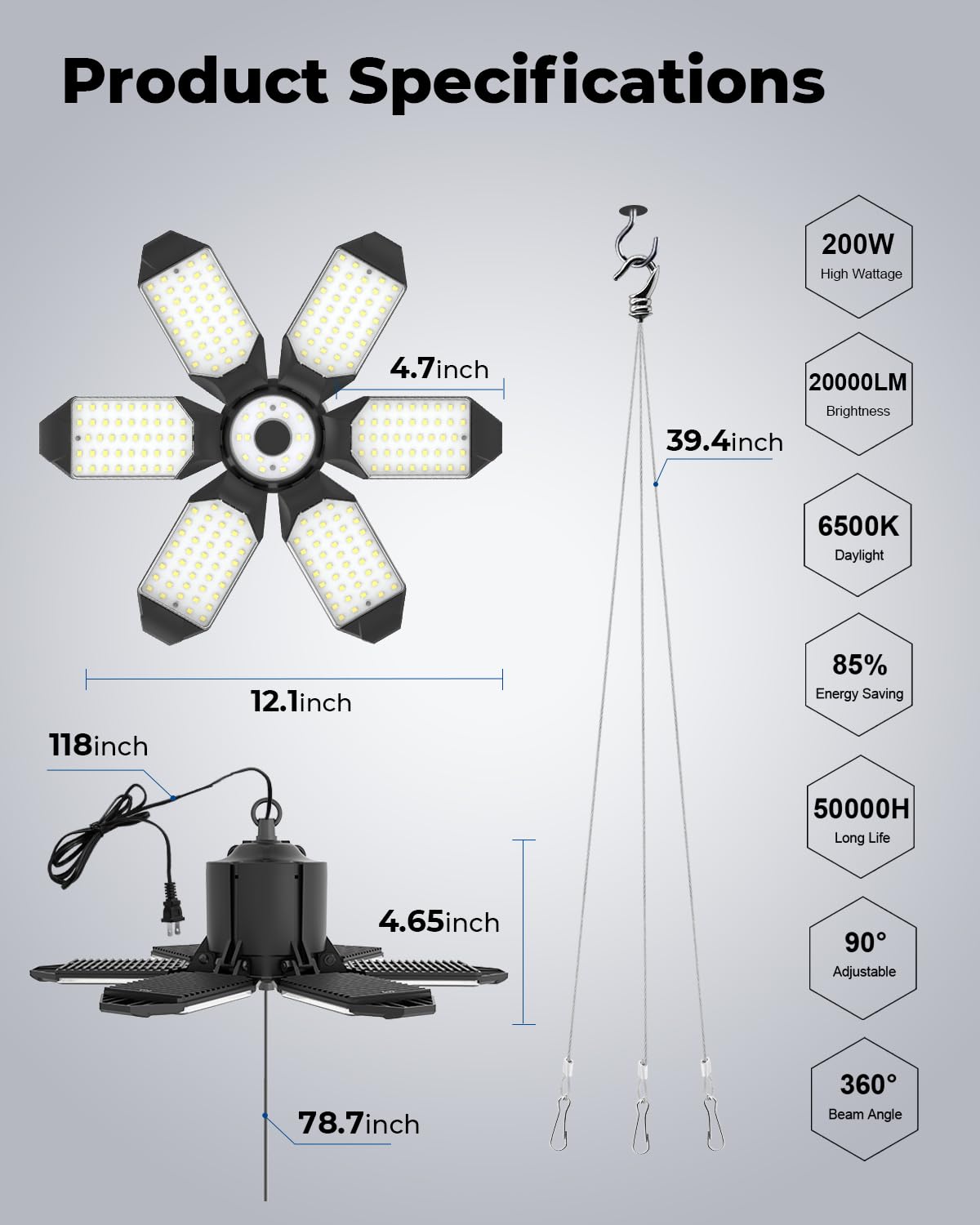 Plug in Garage Light, 200W 20000LM Linkable LED Shop Light w/Pull String(ON/Off), Garage Ceiling Light w/ 9.84ft Power Cord, 6500K LED Lights for Garage, Workshop, Warehouse, Barn, Attic