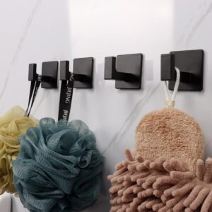 Vanloory Bath Towel Hook,4 Pack Self Adhesive Square Coat Hooks, Sturdy No Drilling Robe Hook, Stainless Steel Heavy Duty Clothes Hanger, Wall Hooks for Bathroom Bedroom Kitchen (2 Inch,Black)