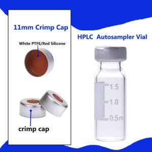 ALWSCI 2ML Autosampler Vials, Clear Crimp Neck Vials ND11, Wide Opening GC HPLC Vial with Graduation, 11mm Aluminum Crimp Seals with PTFE/Rubber red-Orange Liner, 100 of Pack