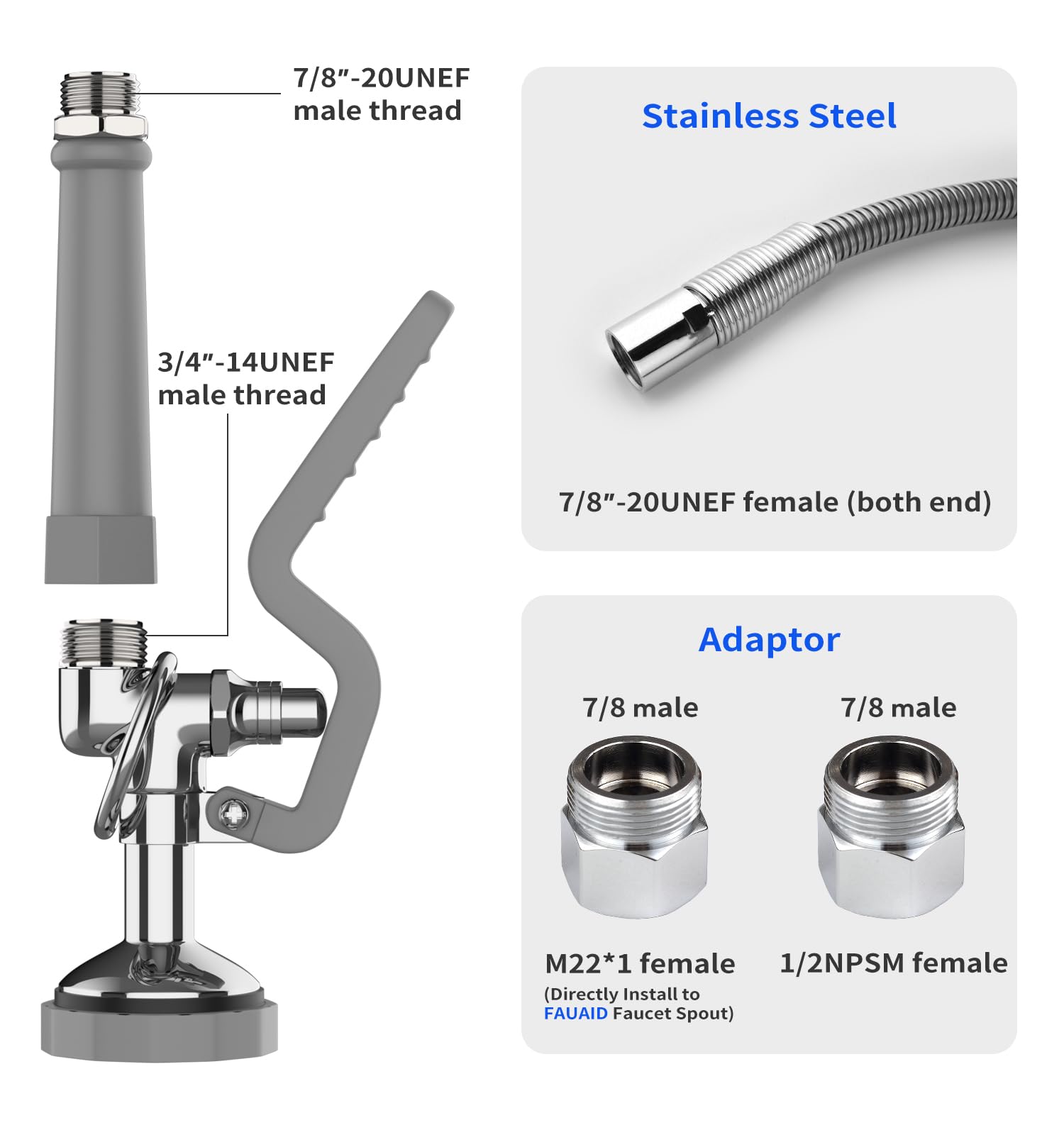 FAUAID Pre Rinse Spray Valve with 45” Stainless-Steel Pre Rinse Hose,1.42 GPM Pre Rinse Sprayer Commercial Sink Sprayer with Ergonomic Handle Commercial Faucet Parts,Fit for Dish Washing Sprayer（Gray）