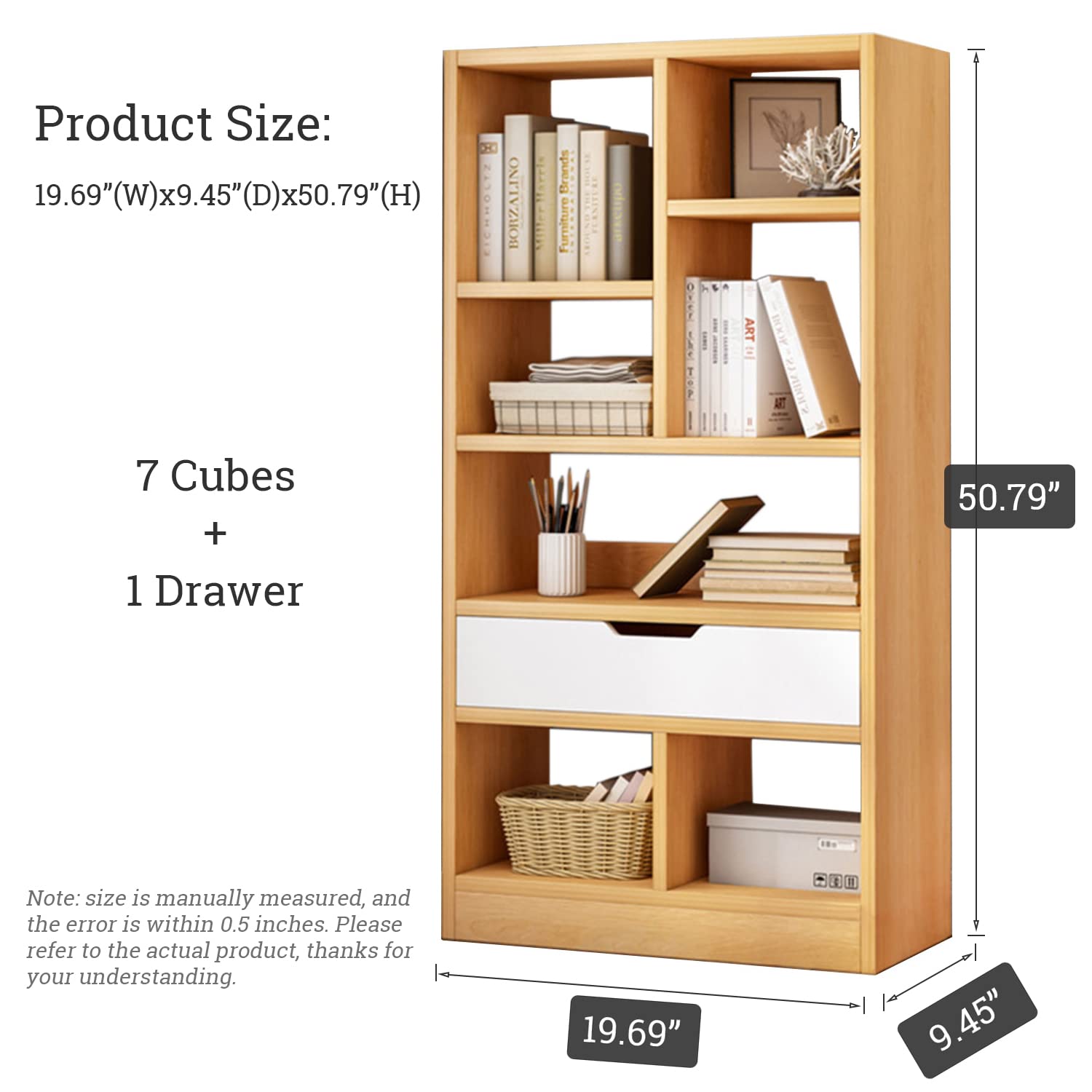 IOTXY Wooden Open Shelf Bookcase - 51" Height Freestanding Display Storage Cabinet Organizer with 7 Cubes and a Drawer, Floor Standing Bookshelf, Yellow