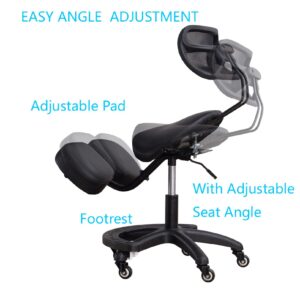 Ergonomic Kneeling Chair with Back Support, Wheels, Adjustable Saddle Chair for Home and Office with Angled Seat for Better Posture, Black