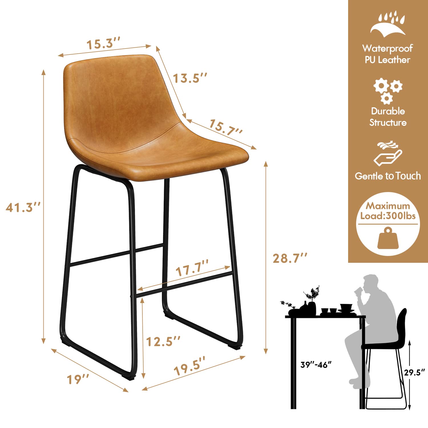 Shahoo 29 inch Industrial Bar Stools Set of 2, Faux Leather Dining Chairs with Metal Legs and Footrest, Counter Height Barstools with Back for High Table Kitchen Island, Light Brown