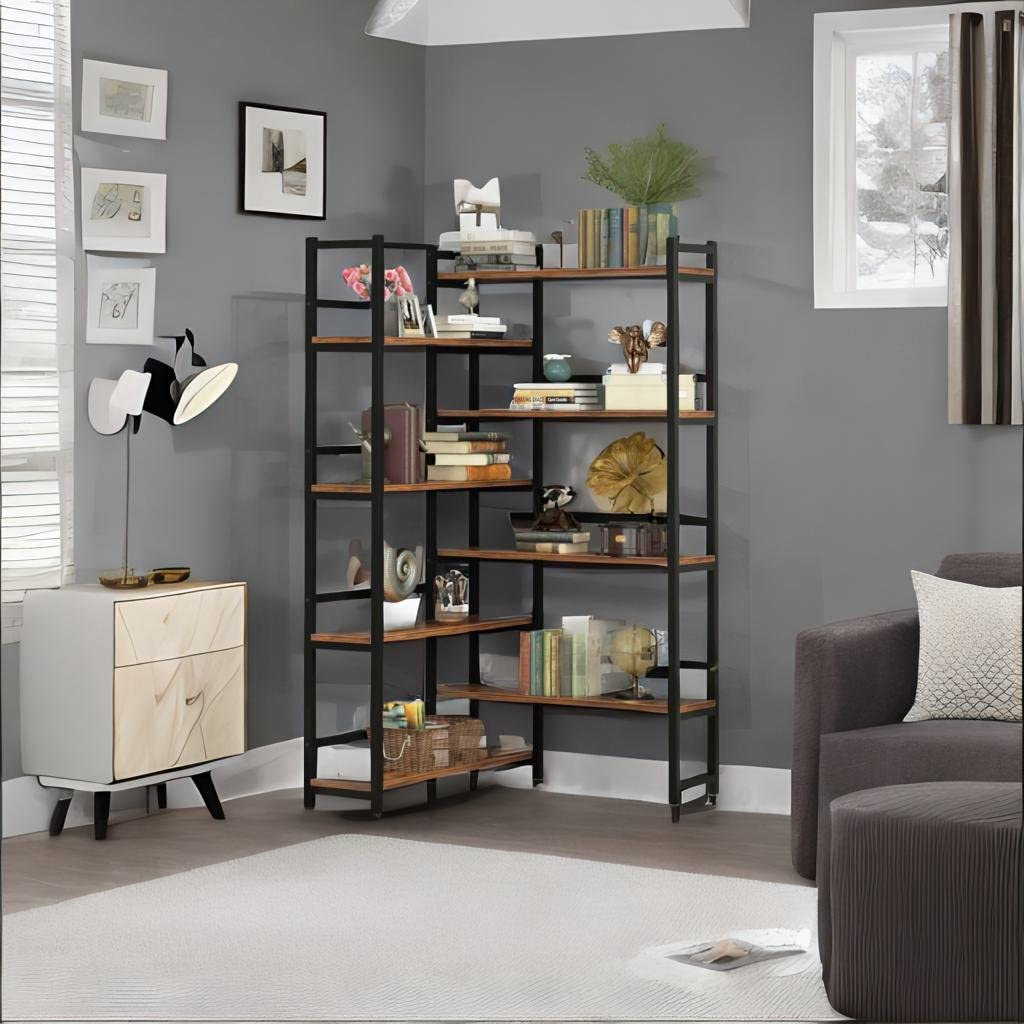 LITTLE TREE Corner Bookshelf 70.8” Tall Industrial Bookcase for Living Room Home Office