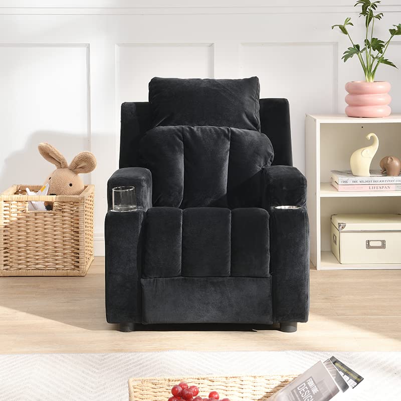 Anwickmak Kids Recliner Chair with Footrest and Backrest, Adjustable Upholstered Couch with Cup Holder, Toddlers Velvet Recliner with Headrest and Footrest for Toddler Boys and Girls, Black