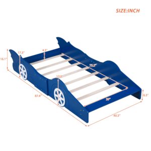 CITYLIGHT Twin Size Car Beds for Boys Race Car-Shaped Twin Bed Frame with Wheels Wooden Kids Car Twin Bed for Boys with Slat Support for Child's Bedroom (Twin,Blue)