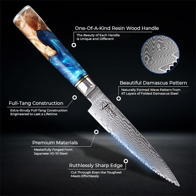 SENKEN Damascus Steak Knife Set - Tsunami Collection - 67-Layer Japanese VG10 Steel - Razor Sharp Serrated Blades, Blue Resin & Natural Wood Pattern Handles, Luxury Gift Box (6 Steak Knife Set)