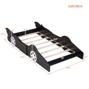 MERITLINE Race Car Bed Twin Wooden Platform Bed Car Shaped Bed with Wheels & Support Slats, Twin Kid Beds for Kids Girls Boys Teens, No Spring Need,Black