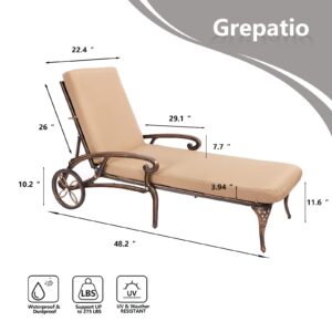 Grepatio Lounge Chairs for Outdoor, Patio Lounge Chaise Cast Aluminum Chairs with Cushion, Chaise Lounge Chair with Adjustable Backrest and Moveable Wheels for Pool Beach (Bronze Khaki Cushion*2)