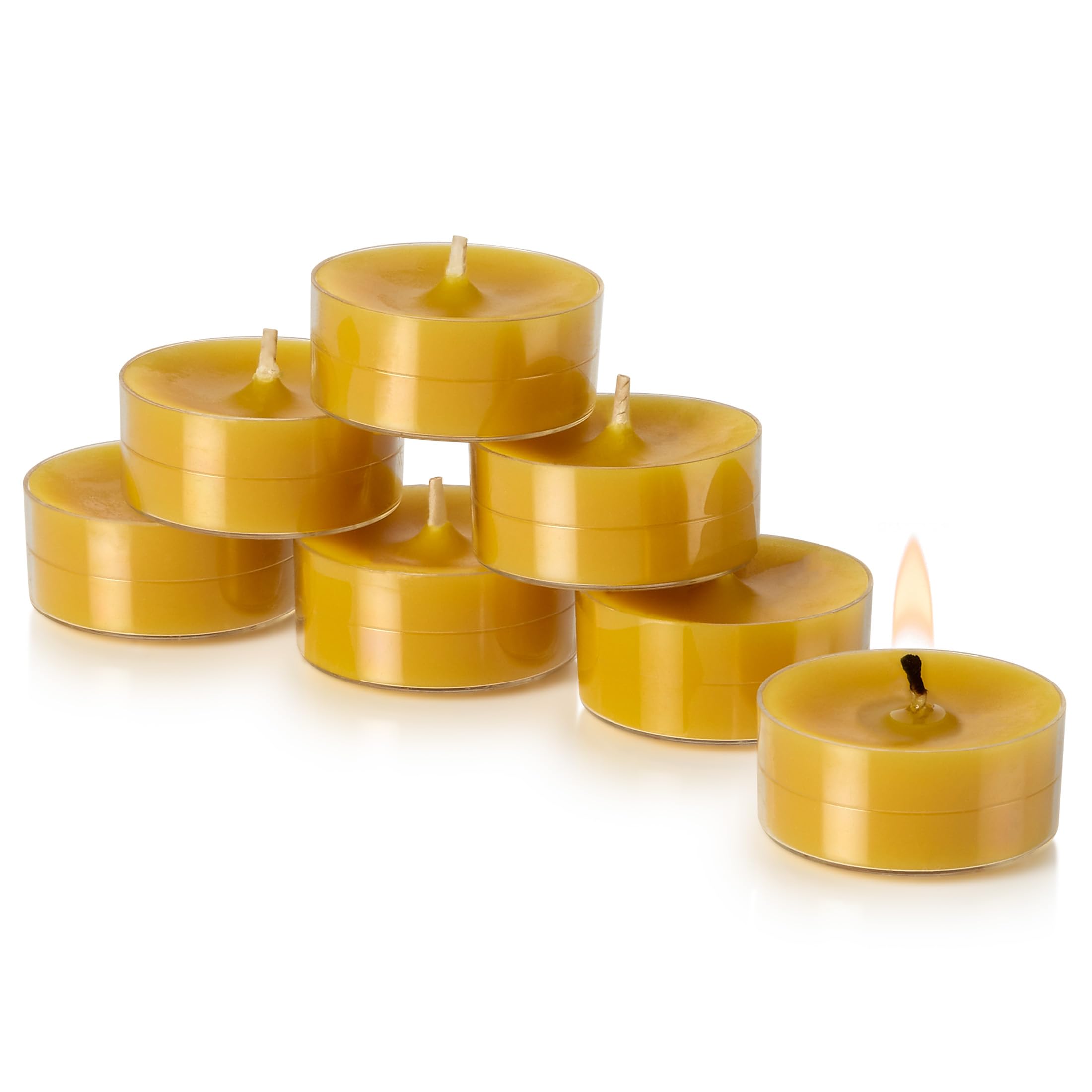 PARNOO 100% Natural Yellow Beeswax Tealight Candles in Clear Plastic Cups, 4 Hours Burn time - Pack of 24