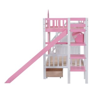 CITYLIGHT Castle Bunk Bed Twin over Twin,Wooden Bunk Beds with Slide and Storage Stairs,Space Saving Twin Bunk Bed with 2 Drawers and 3 Shelves,Kids Bunk Bed for Girls Boys,Pink