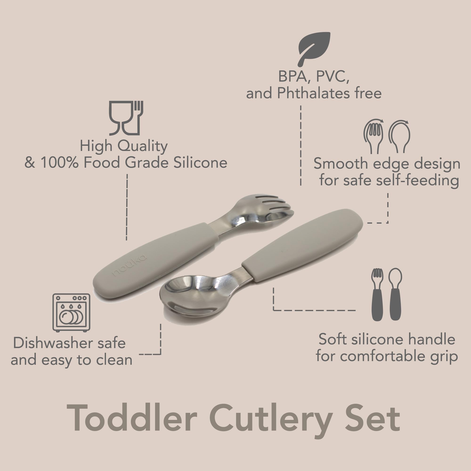 nouka Toddler Cutlery Set | 100% Food-Grade Silicone & Stainless Steel | Comes With A Soft & Comfortable Grip | Safe With Smooth Edge Design | Dishwasher Friendly | Lily Blue