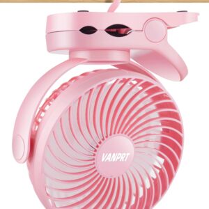 VANPRT 6'' Clip Fan, Portable Clamp Fan with Hanging Hook, 5000mAh Rechargeable Battery Fan, 3 Speeds, 720° Rotation, Quiet, Strong Grip Clamp, 7-30 Working Hours for Camp Stroller Bed - Pink