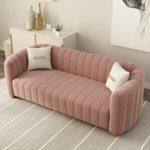 83'' Luxury Velvet Sofa Mid Century Modern 3 Seat Couch for 3 Person Fashion Comfy Couches with 2 Pillows Gold Metal Legs Solid Wood Frame Sofa Pink Couch for Living Room Office Apartment Furniture