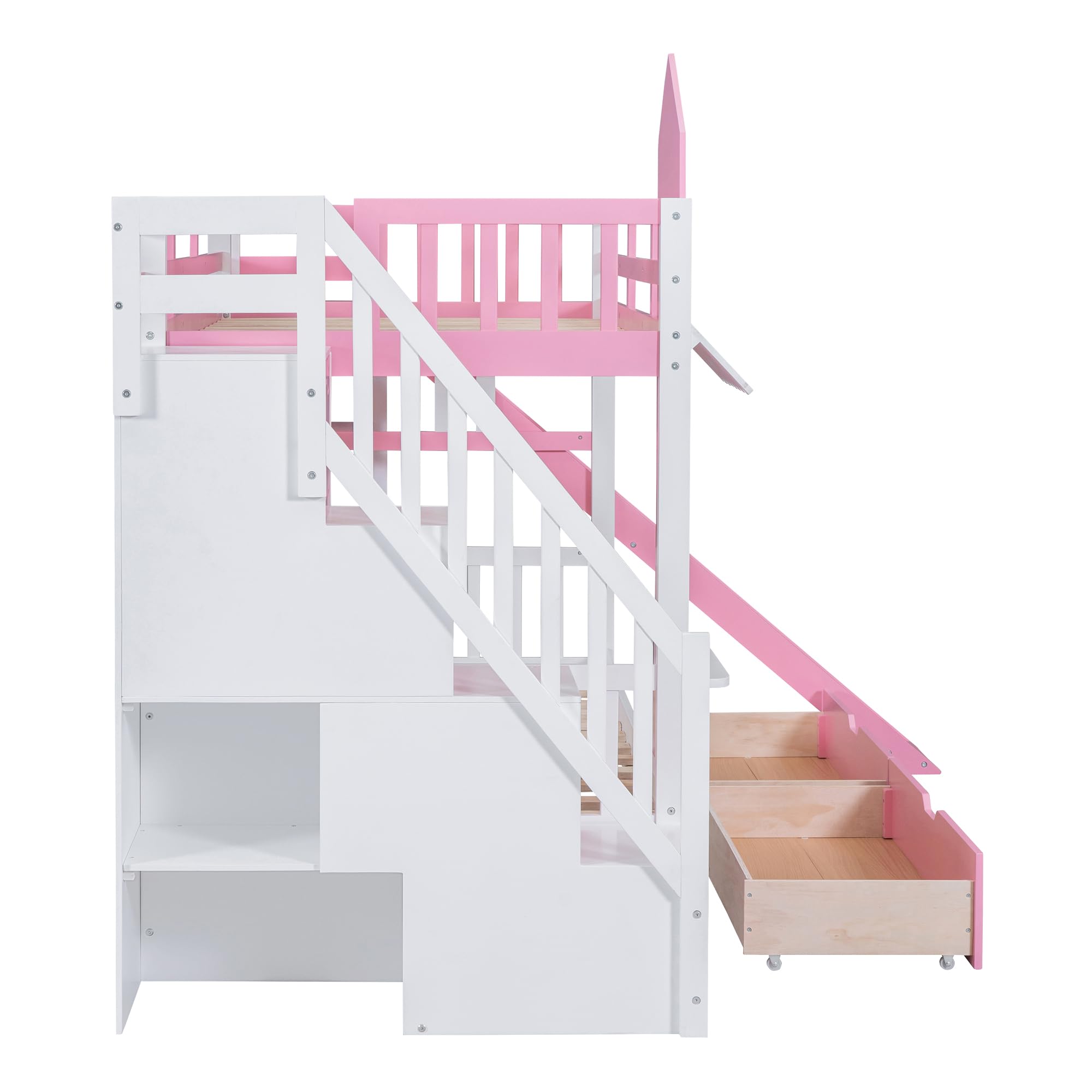 CITYLIGHT Castle Bunk Bed Twin over Twin,Wooden Bunk Beds with Slide and Storage Stairs,Space Saving Twin Bunk Bed with 2 Drawers and 3 Shelves,Kids Bunk Bed for Girls Boys,Pink