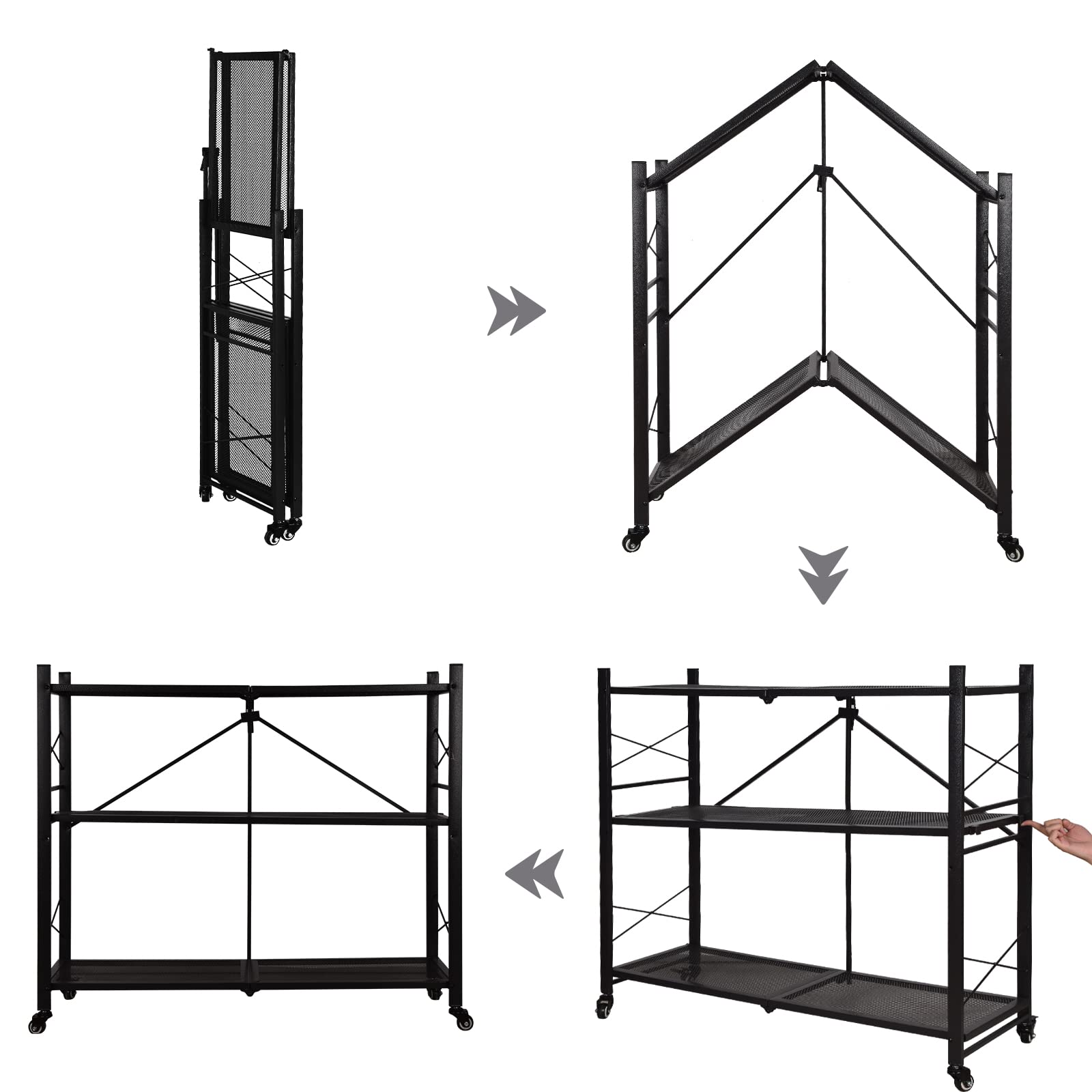 Foldable Shelves 4 Tier Heavy Duty Metal Storage Shelves with Wheels - No Assembly Collapsible Shelving Unit for Kitchen Garage Hold up to 1000 lbs