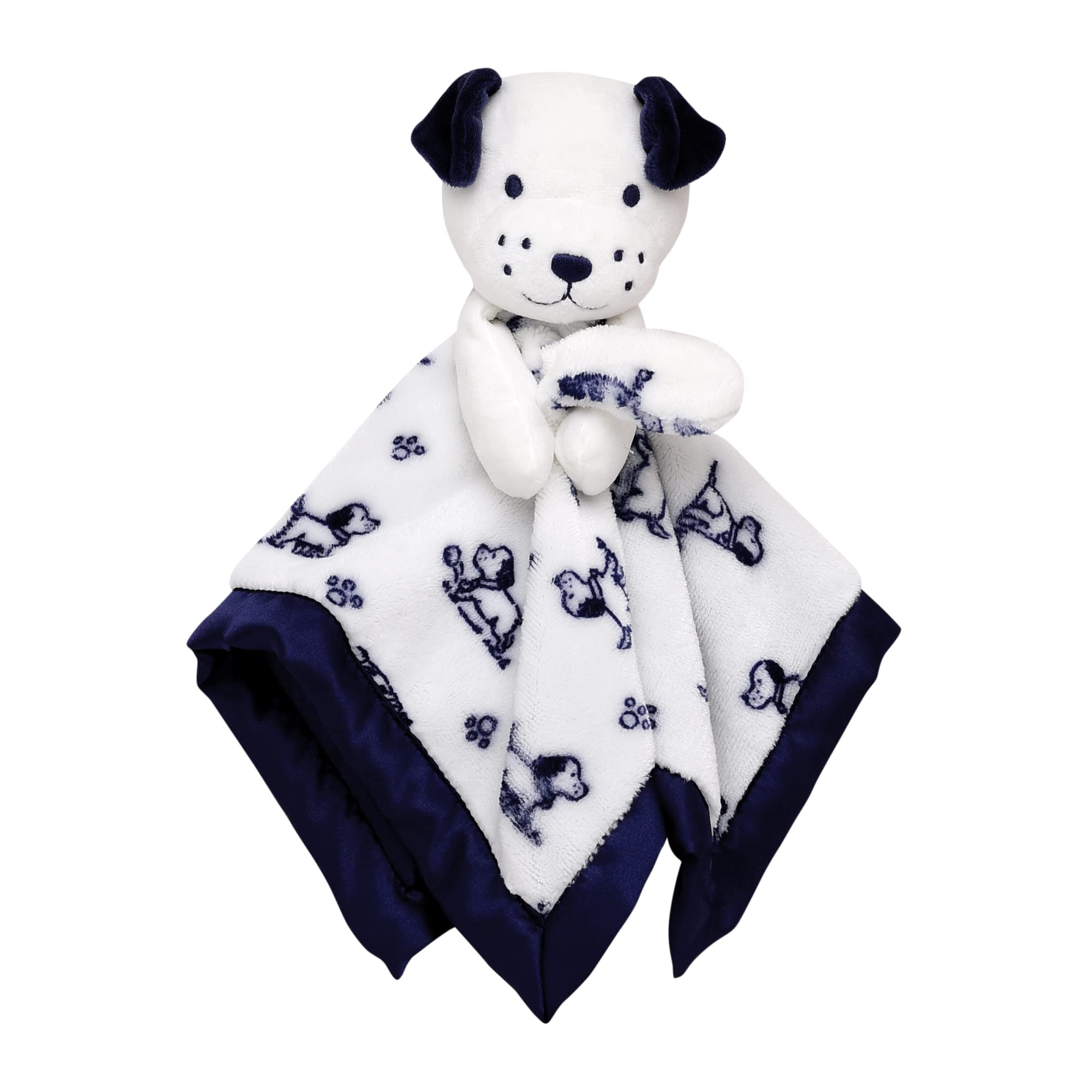 Plush Rattle Baby Snuggle Blanket with Embroidery and Satin, Blue and White Little Me Puppy Toile Print, Puppy Toy (14 inch)