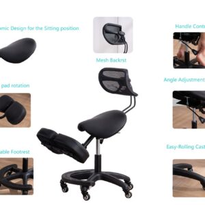 Ergonomic Kneeling Chair with Back Support, Wheels, Adjustable Saddle Chair for Home and Office with Angled Seat for Better Posture, Black