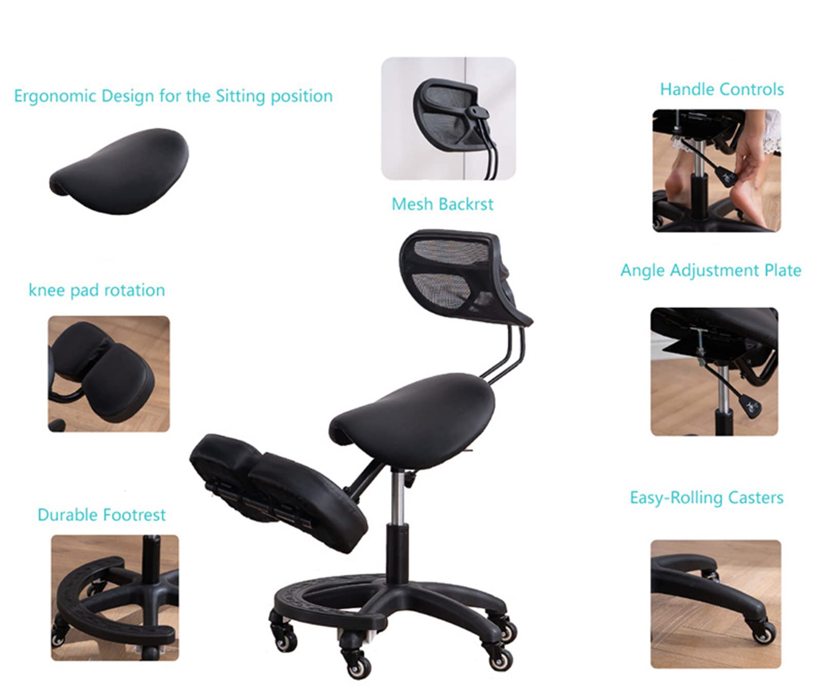 Ergonomic Kneeling Chair with Back Support, Wheels, Adjustable Saddle Chair for Home and Office with Angled Seat for Better Posture, Black